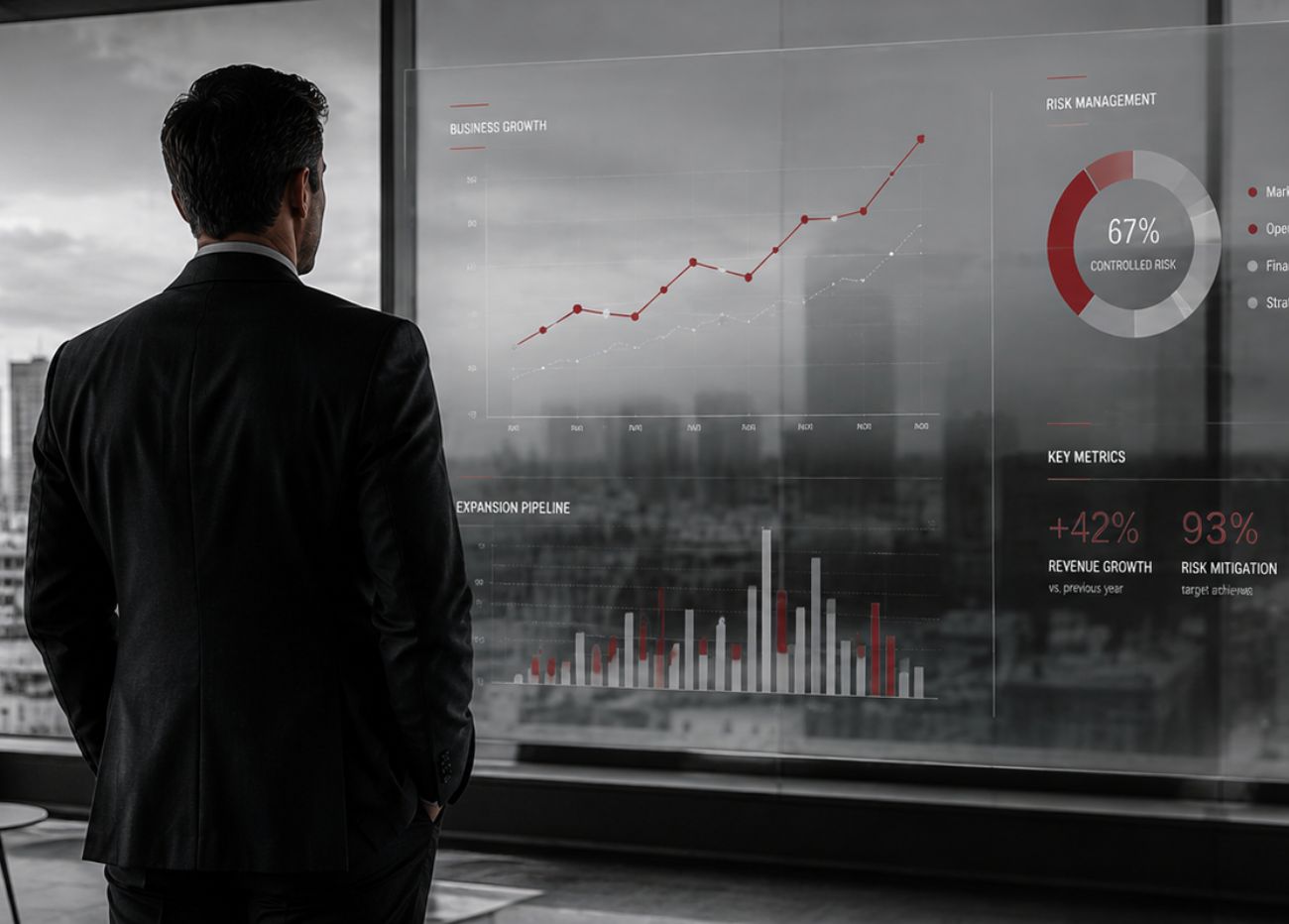 Empresario analizando gráficos de gestión de riesgos y crecimiento empresarial