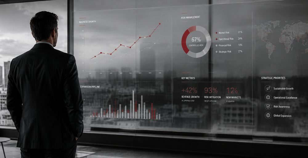 Empresario analizando gráficos de gestión de riesgos y crecimiento empresarial