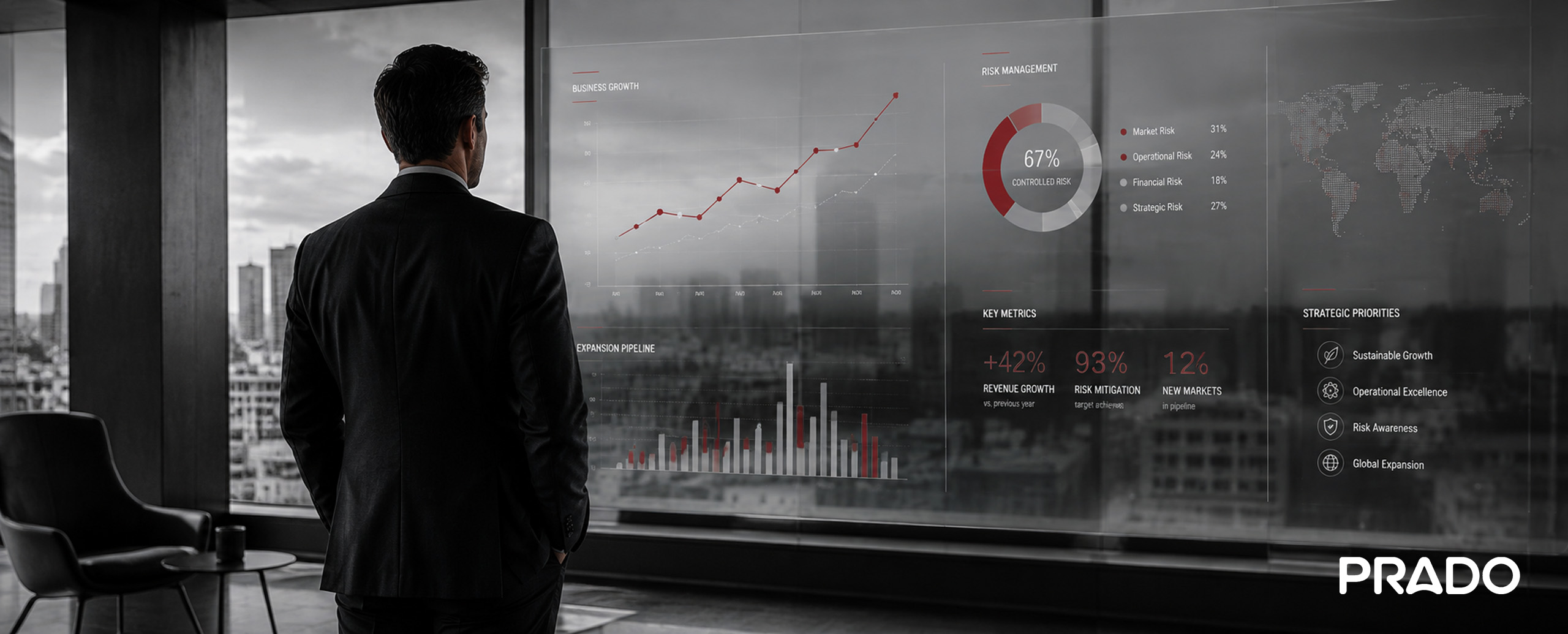 Empresario analizando gráficos de gestión de riesgos y crecimiento empresarial