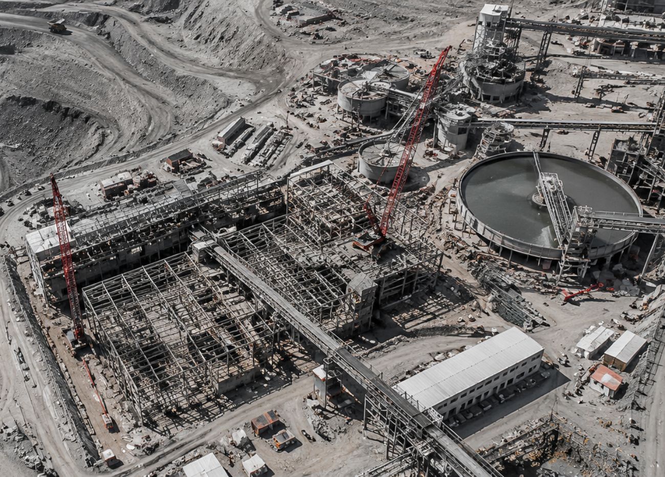 Vista aérea de un proyecto minero con instalaciones industriales en construcción.