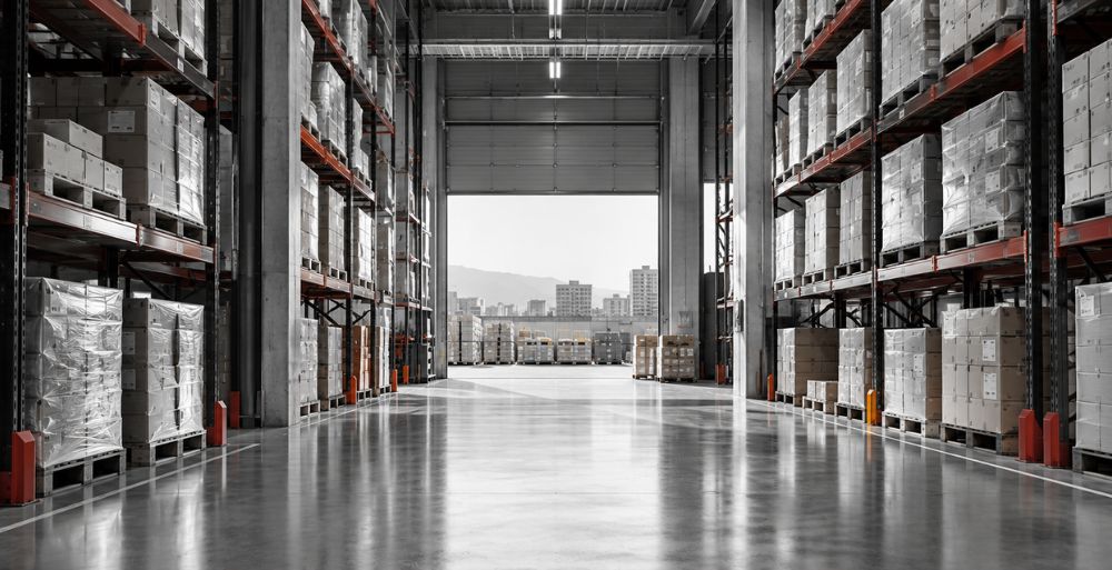 Almacén industrial con estanterías y mercancías listas para su distribución.